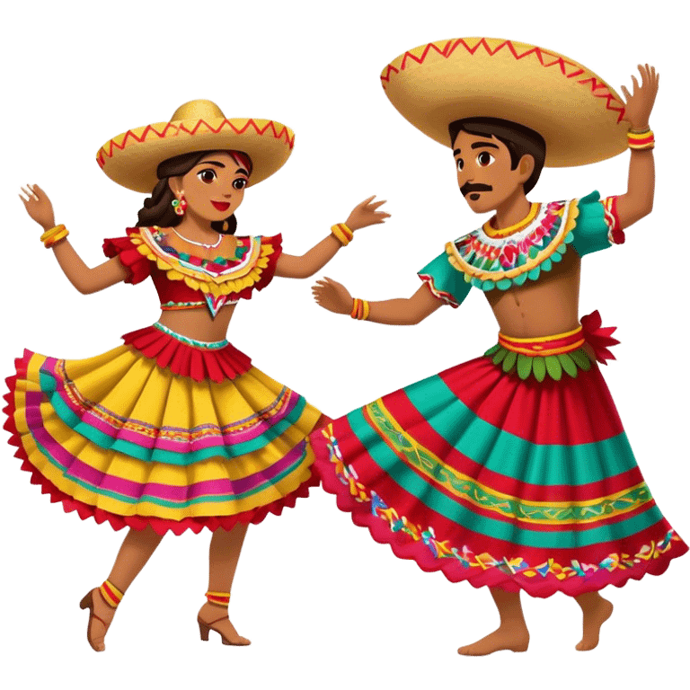 Cinematic Realistic scene of two performers dancing the Jarabe Tapatío, dressed in colorful traditional Mexican costumes with intricate embroidery, captured in energetic, festive motion with vibrant, celebratory lighting emoji