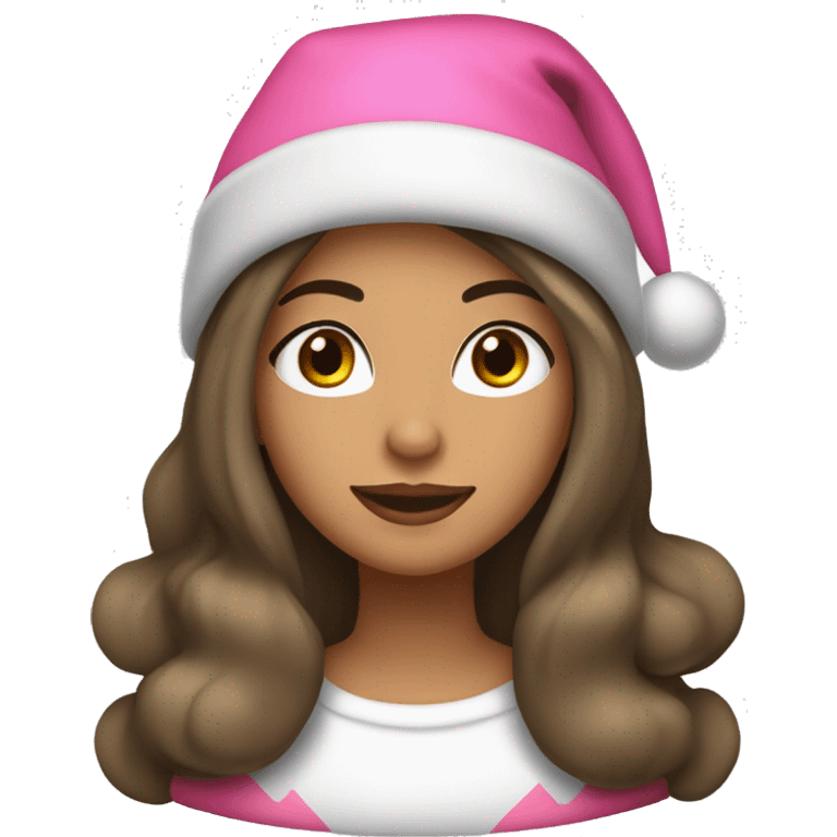 light medium skinned pretty woman with long black hair and almond brown eyes with pink christmas hat emoji