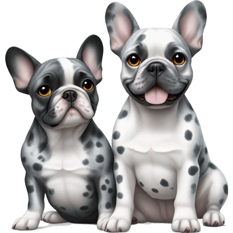 2 French bulldogs sitting next to each other one is blue color and the other is grey spotted Merle  emoji