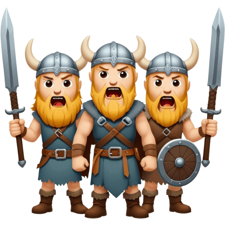 three different Vikings scream, weapons in their hands, realistic emoji