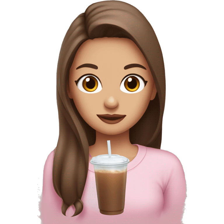 girl drinking an iced coffee with long brown hair half up half down and baby pink long sleeved top  emoji