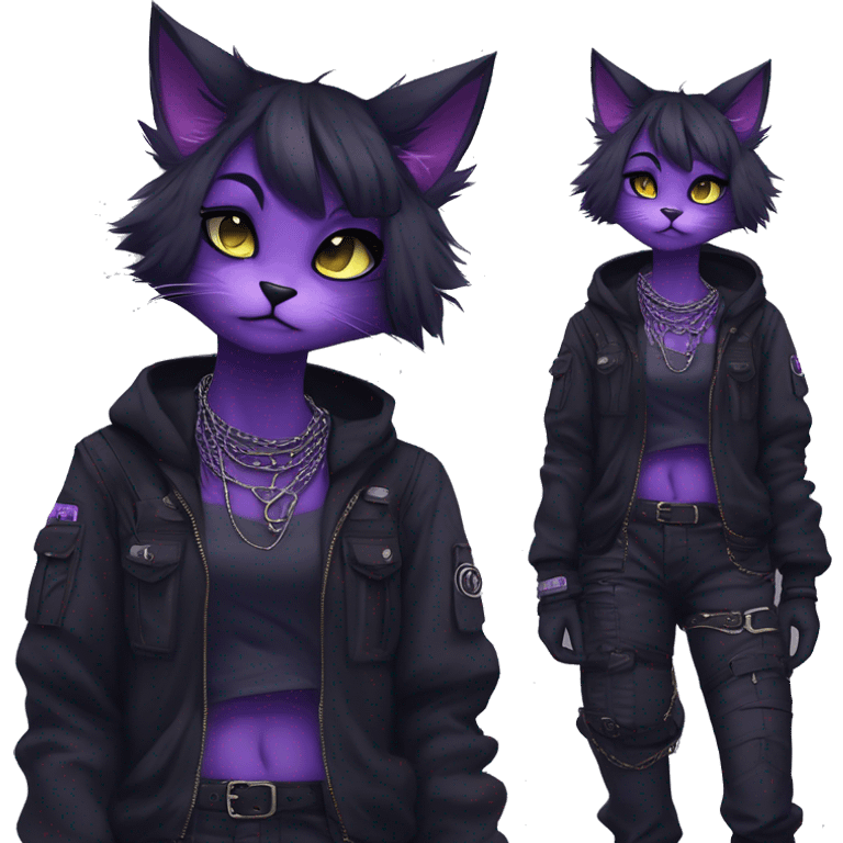 Gorgeous furry gothic dark techwear anime style anthro black cat furry sona Fakemon with blushing face aesthetic and pretty edgy black with violet collar and harness trending style chains cargo pants tomboy emoji