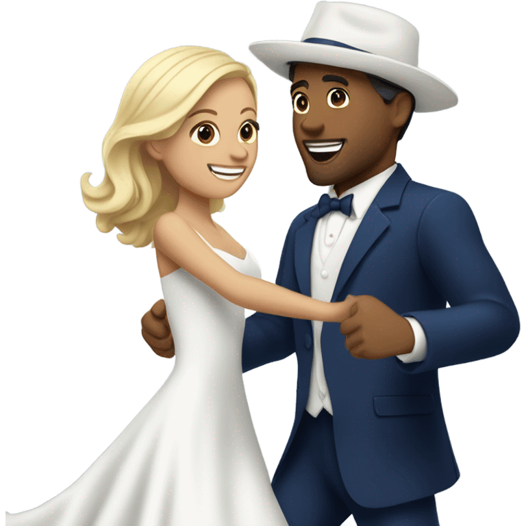 Puerto rican beard short hair with blue hat and navy blue suit first dance with blond long hair girl with white  wedding dress  emoji