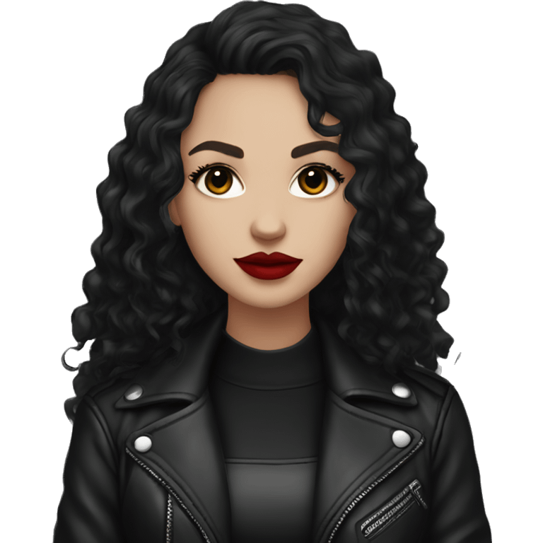 White girl, with long curly black hair, with red lipstick, black winged eyeliner, wearing black shirt and black leather jacket emoji