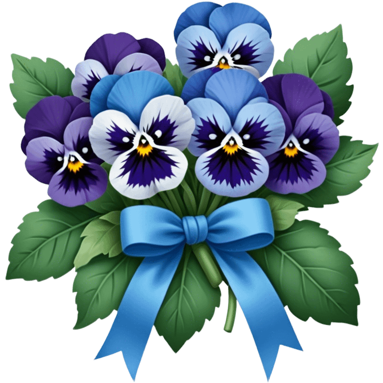 A beautifully tied deep green ribbon wrapped around a bouquet of soft blue pansies, displayed on an antique wooden table. emoji