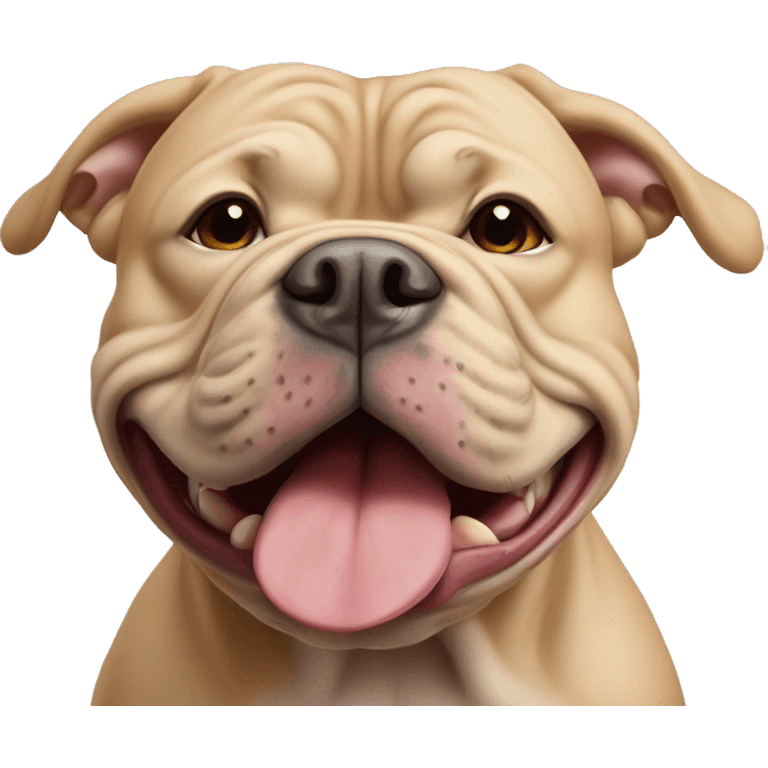 Beige American xl bully with stocky head cropped ears and tongue sticking out  emoji