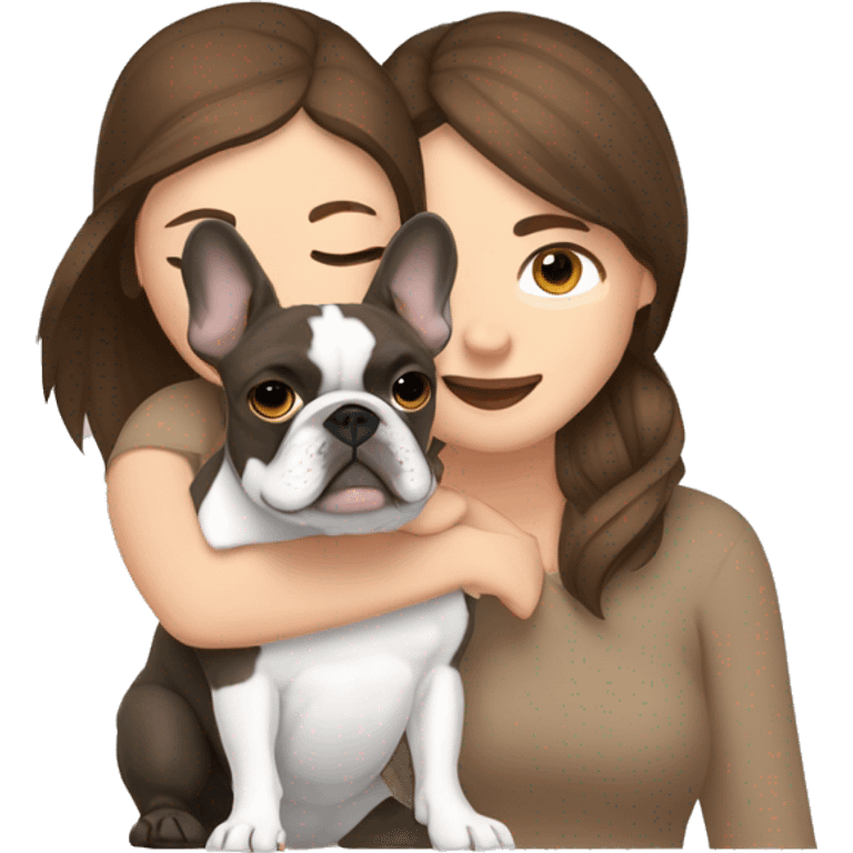 Brown hair brown eye woman hugging light brown French bulldog and grey French bulldog emoji