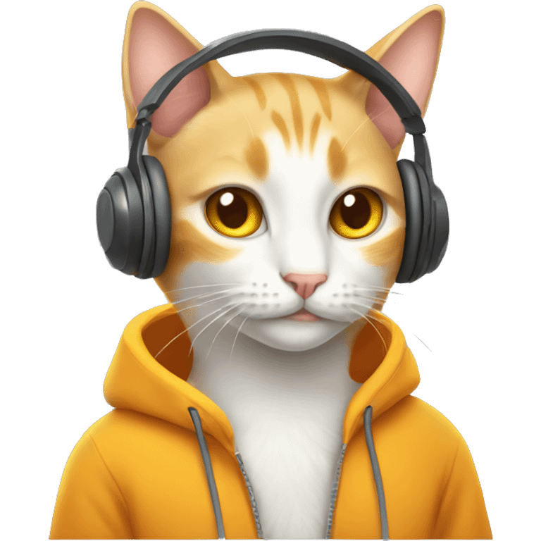 White and orange cat wearing a headphones and yellow sweater emoji