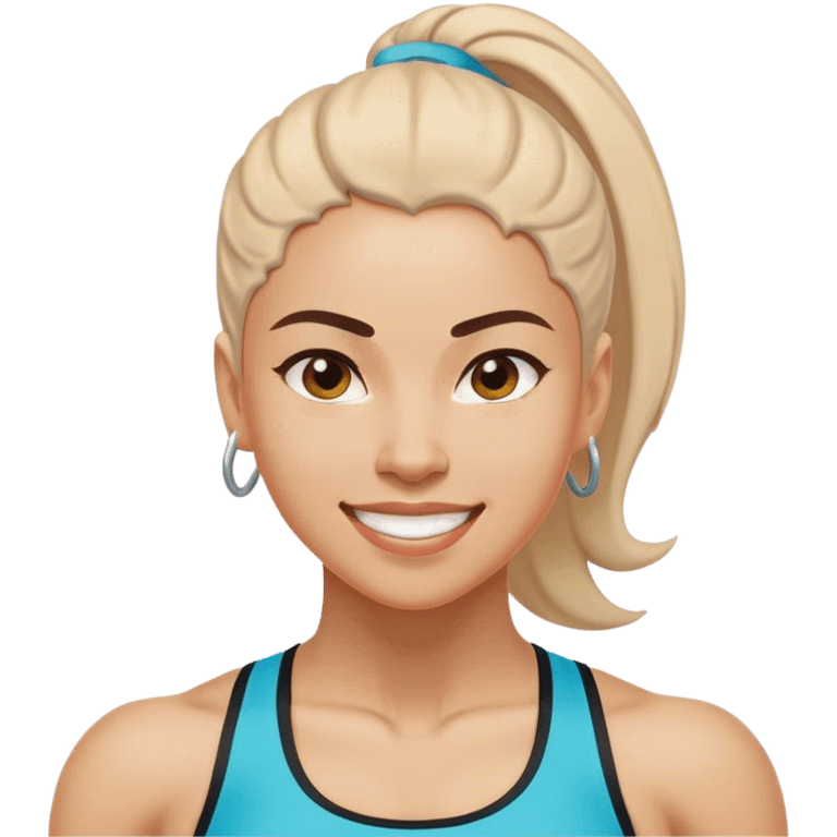 A woman in athletic wear is sweating it out in the gym, her face adorned with a confident smile, her muscles well-defined, showcasing strength and grace. emoji