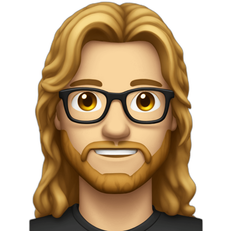 male caucausian designer with long brown hair and black rimmed glasses heavy metal emoji