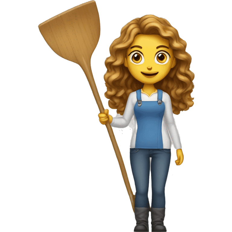 Woman holding shovel skin light hair long brown wavy emoji