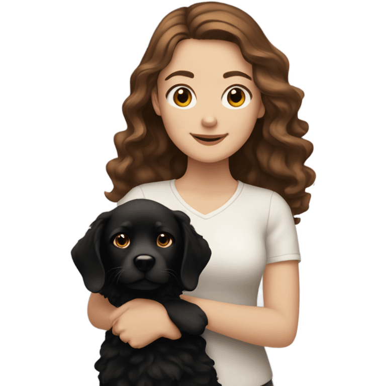 white girl with wavy brown hair holding black dog emoji