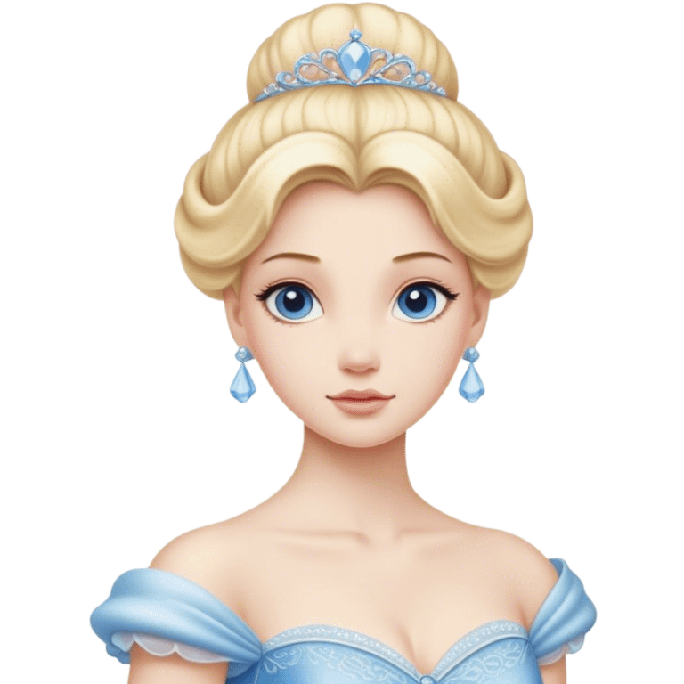 Cinematic Realistic Cinderella Portrait, depicted with lifelike porcelain skin, elegantly styled blonde hair, and a serene, graceful expression. Dressed in her classic ball gown with intricately detailed fabric textures and delicate pastel hues that catch soft, natural lighting, this portrait captures the timeless beauty of a fairy tale princess. emoji