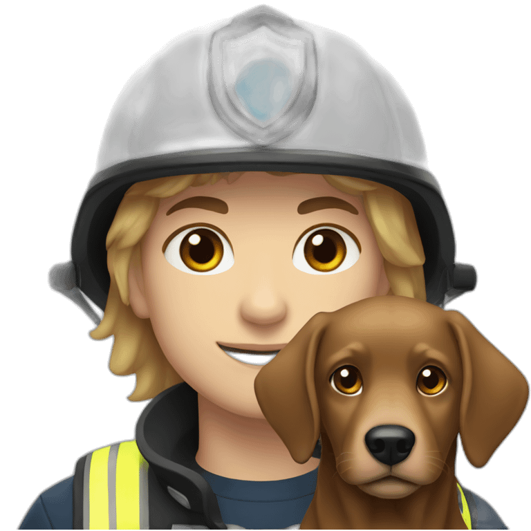 White firefighter with blue eyes and brown hair holding one black retriever emoji