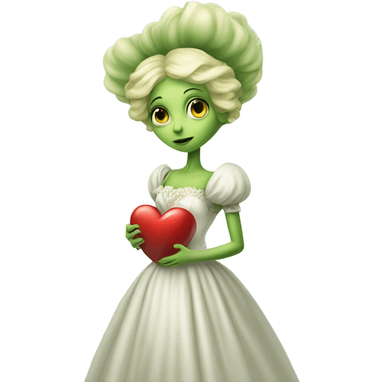 "galora green blonde alien woman" in white Victorian dress elegant, full body holdig big hearth emoji