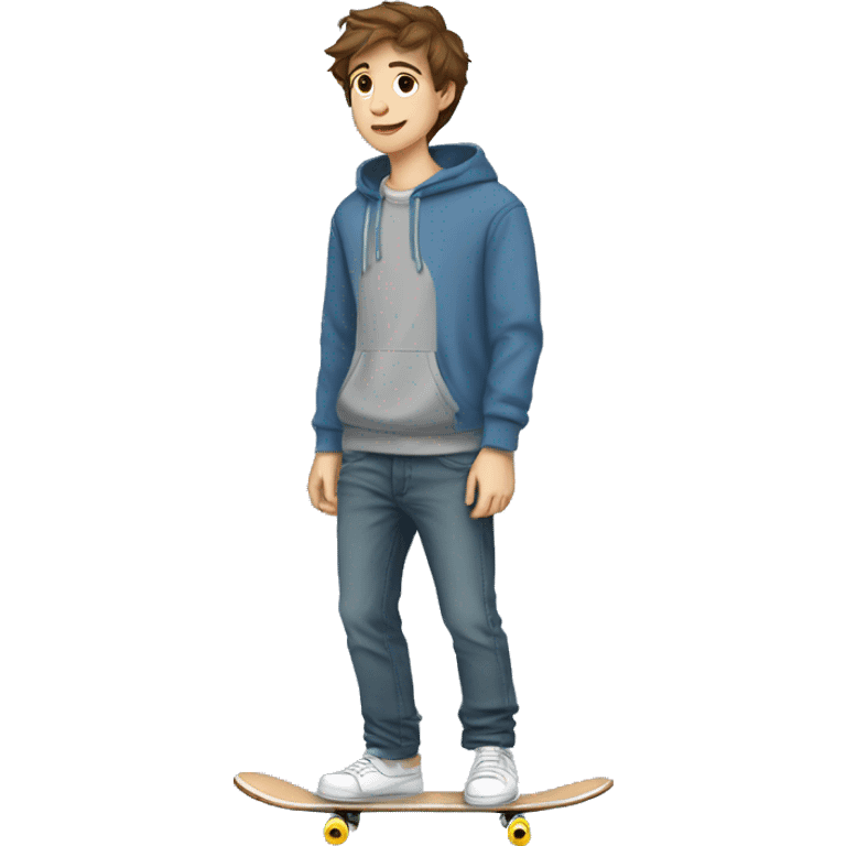 teenage boy with brown hair fair skin in a grey hoodie in blue jeans skateboarding emoji