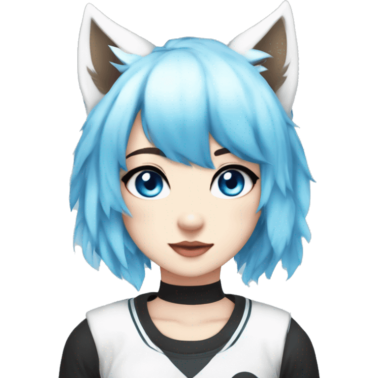 bella the wolf girl blue hair white top with black and white arm warmers and blue eyes kawaii anime girl emoji