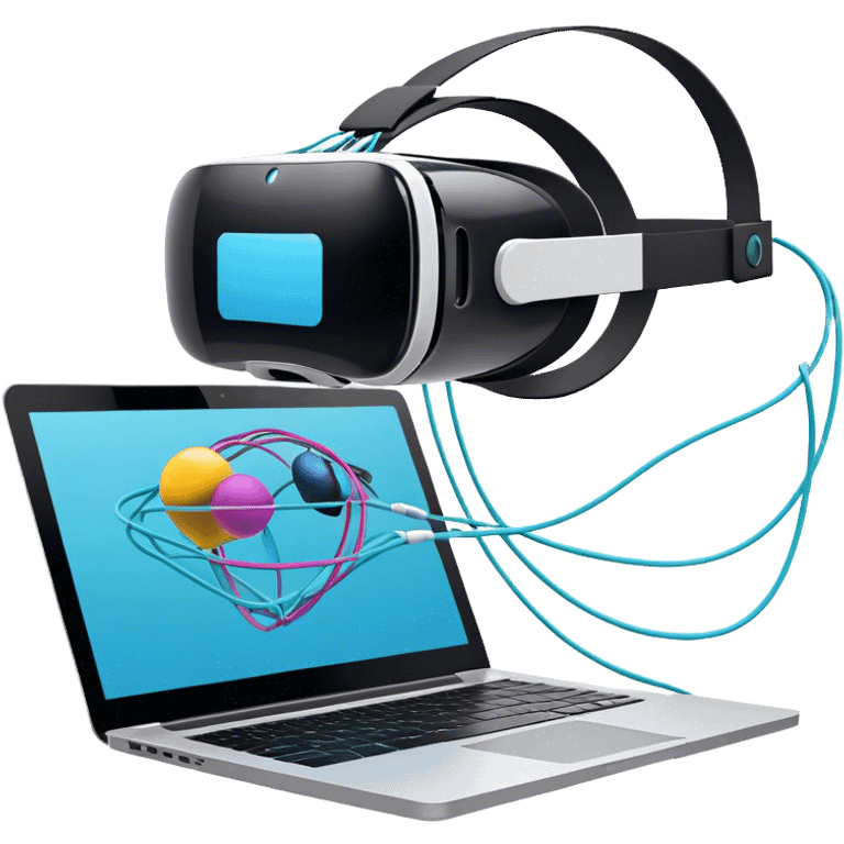 VR headset, wire connected to laptop, laptop screen showing VR/AR modeling software, floating 3D models or virtual objects, modern, tech-inspired colors, no emojis or smiley faces, transparent background. emoji