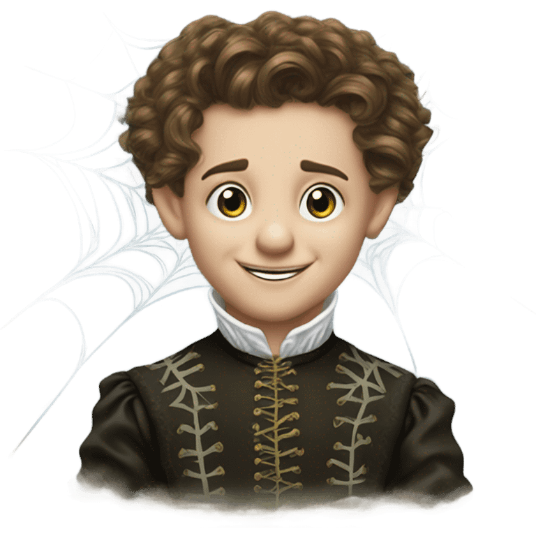 Tom Thumb whimsical fairytale boy and thistledown doublet shirt made of spider web emoji