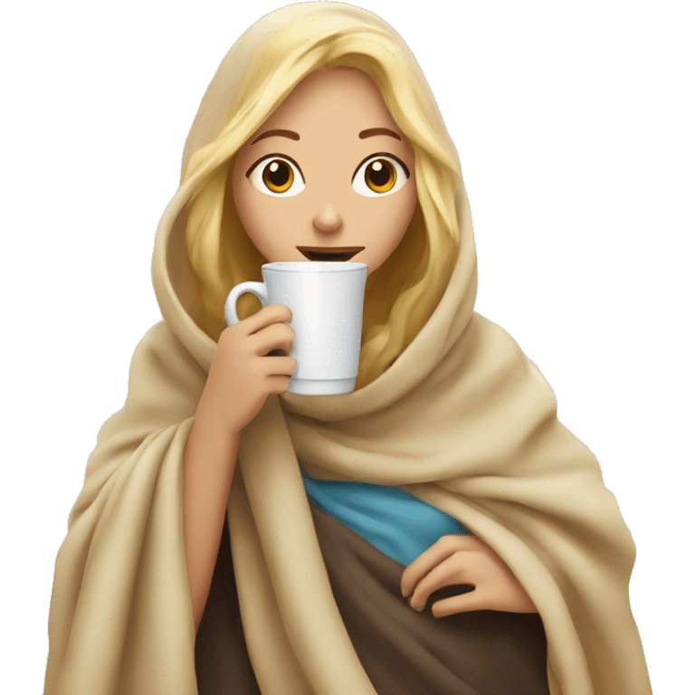 Blonde girl wrapped in blanket drinking coffee emoji