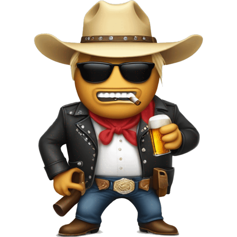 Donald trump in a cowboy hat smoking a cigar with a gun on his back and sunglasses on with a bottle of beer in his hand  emoji