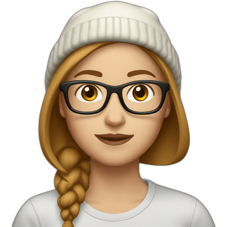 30 year old white woman short straight light brown hair with a beanie on her heard and glasses emoji