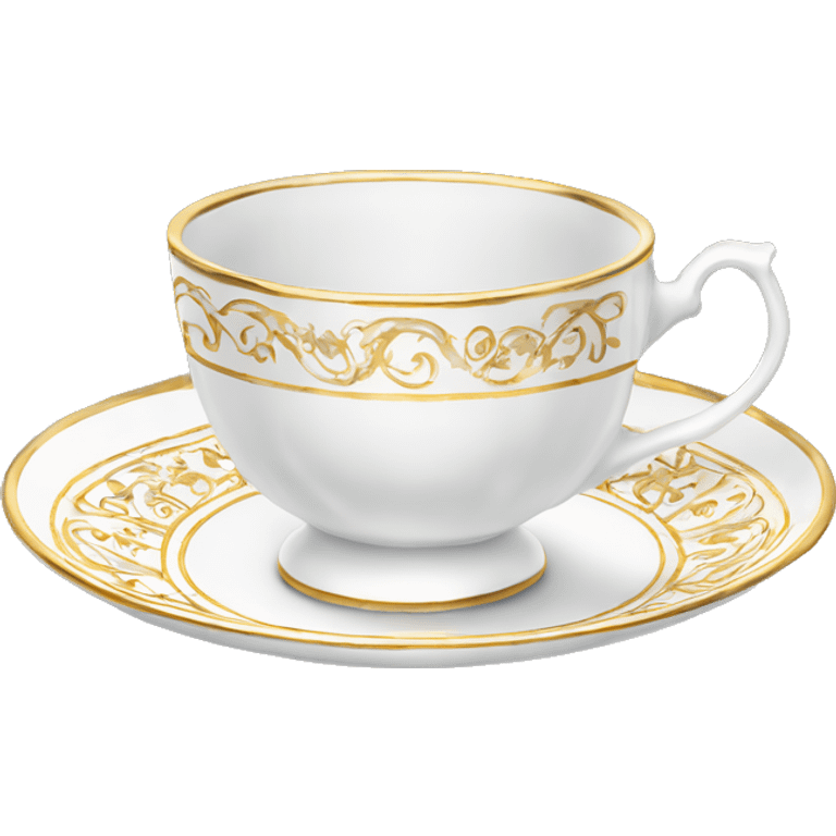 White regency tea cup on a little saucer with gold  patterns emoji