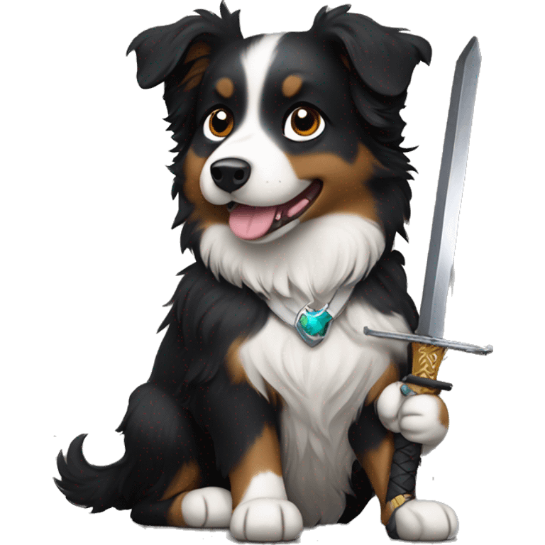 Small black australian shepherd dog with a sword emoji