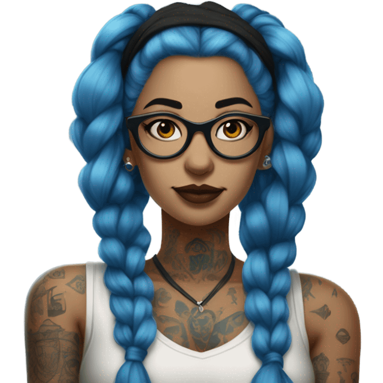 The image shows a female figure with long blue hair, tied in buns. She wears glasses and has several visible tattoos. Her outfit is a sleeveless blouse with a dark design, complemented by long gloves, reflecting a bold and modern aesthetic. emoji