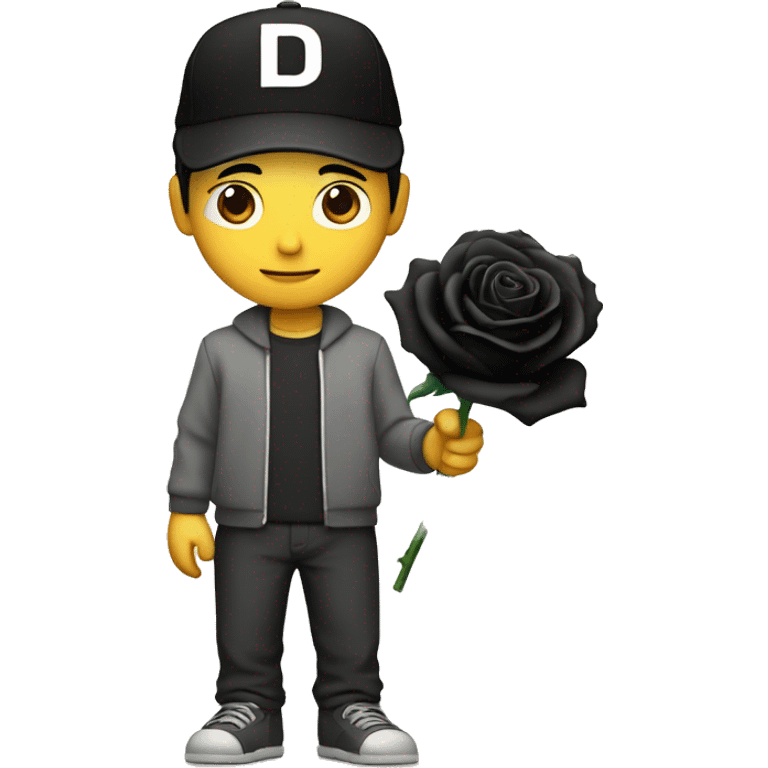 an asian man stands still with a "D" written cap holds a black rose emoji