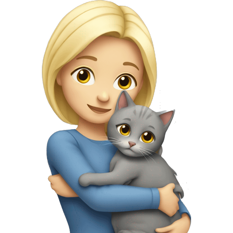 Blonde girl hugs her grey cat  emoji