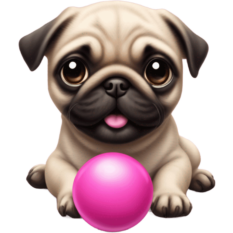 Hyper Realistic Happy Baby pug with pink eyes playing with a pink ball emoji