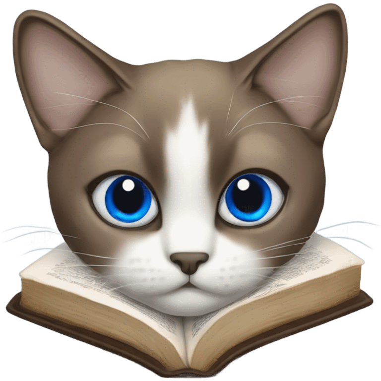 Snowshoe cat with blue eyes, darker face laying on an open Bible emoji