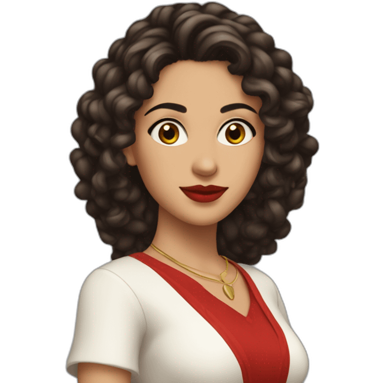 young moroccan woman with dark brown eyes, dark long curling hair, red lips, 2000's outfit emoji