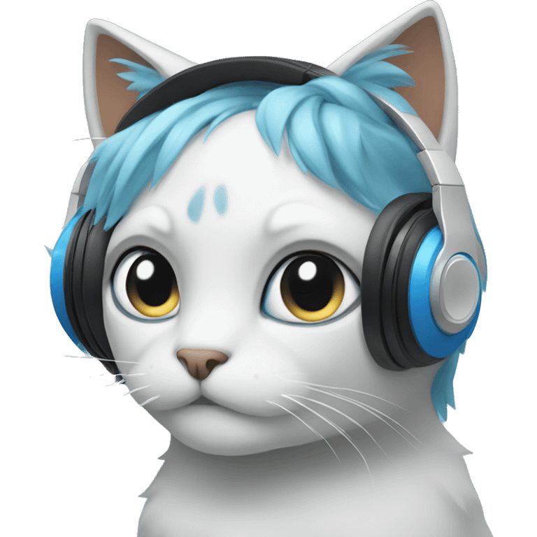 cat with blue, long pigtailed hair with a speaker headset emoji