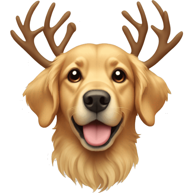 Golden retriever wearing reindeer antlers emoji