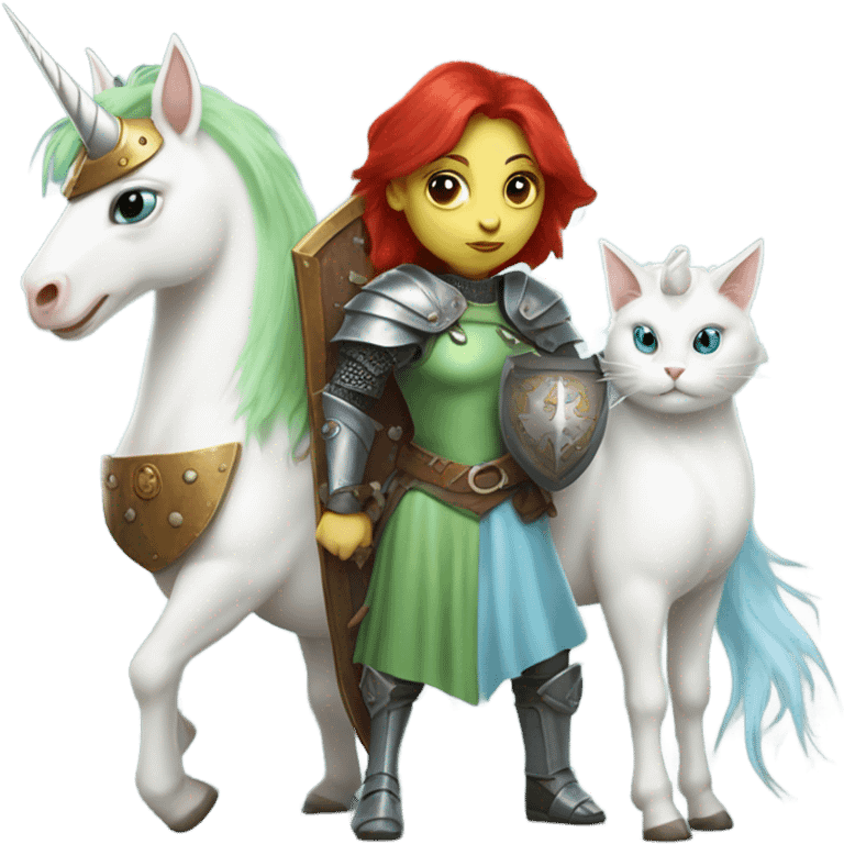 medieval shield: ([politically incorrect, (
	{ female, alien, witch, color: light green, hair:red, eyes:cat} ]
	on a 
	[{ unicorn: white, legged:four, mane: light blue }])) emoji