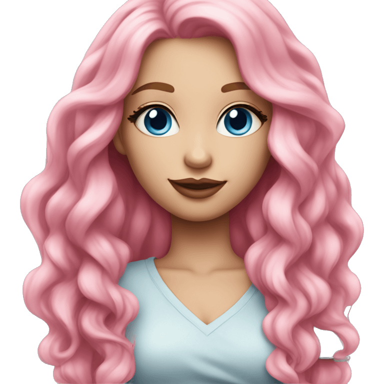 a beautiful girl with fair skin, blue eyes and long pink hair, with pink lipstick on her lips. in fashionable clothes emoji