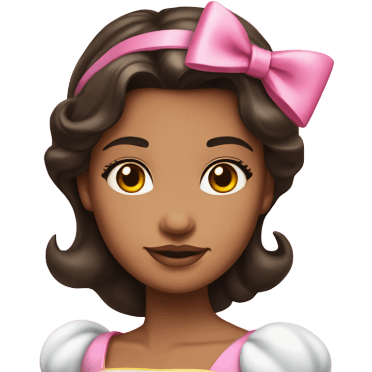 Dark hair, medium brown skin. Portrait selfie Snow White-princess pink normal dress and pink bow on head, yellow skin emoji