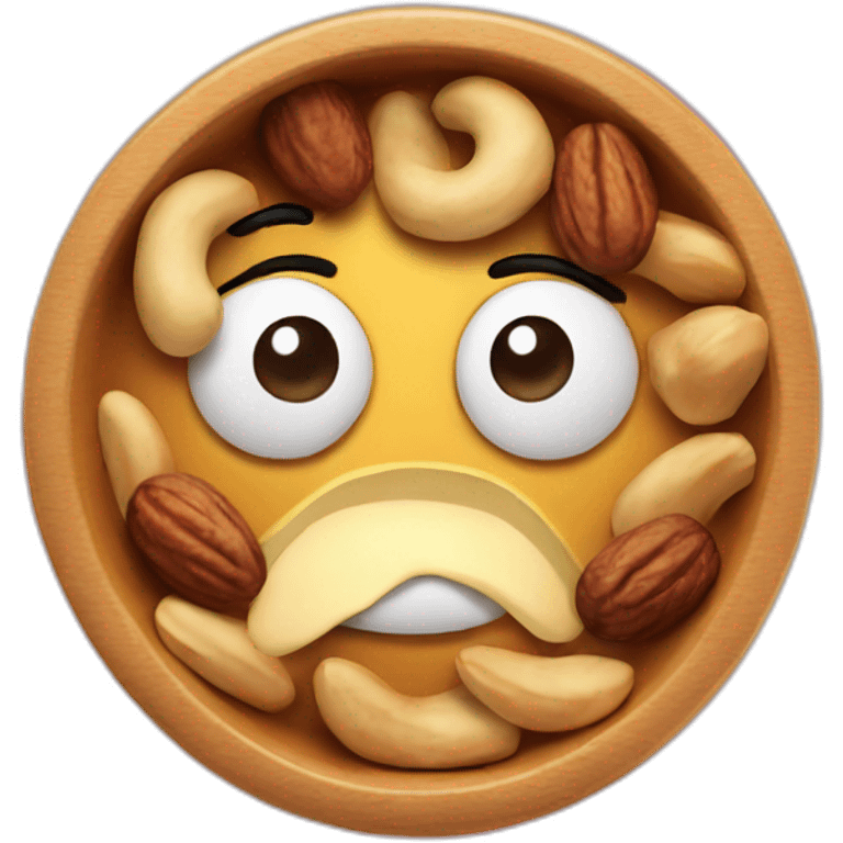 Dish of mixed nuts with a frown face emoji