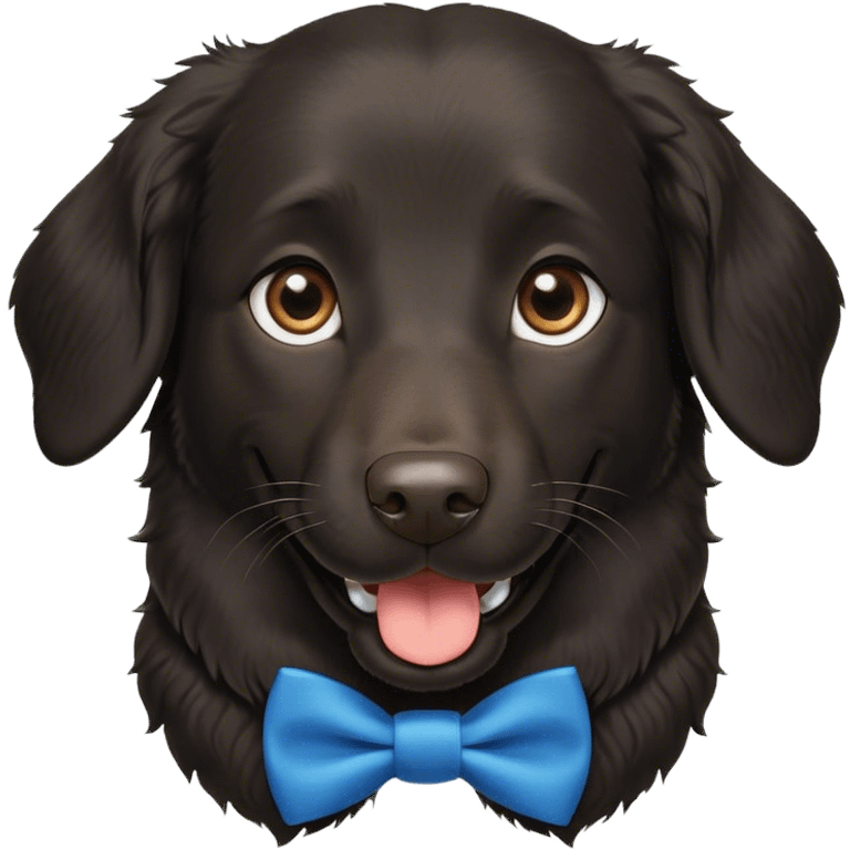 Black, flat-coated retriever, smooth fur with curly ears, smiling face, blue bow tie collar, brown eyes emoji