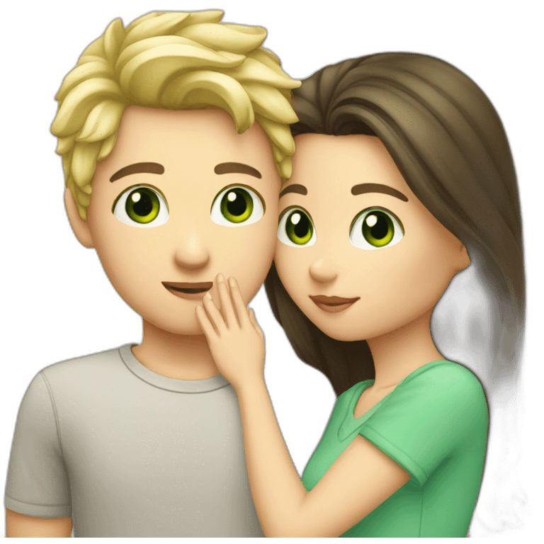 Blond boy Green eye kissing brunette girl Green eye emoji