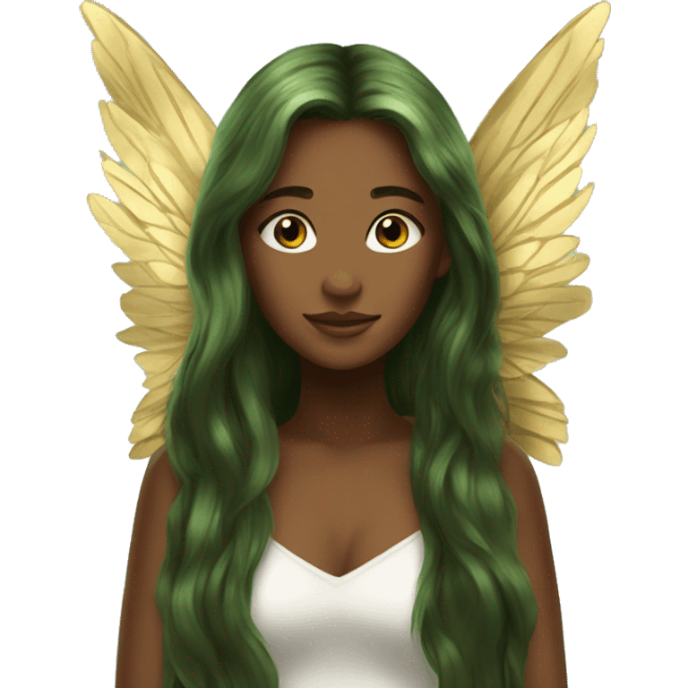 big wings, Beautiful, fairy, gold, brown, dark green, green, long hair emoji