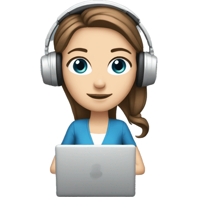 white girl at desk, brown hair, ponytail, blue eyes, computer, headphones emoji