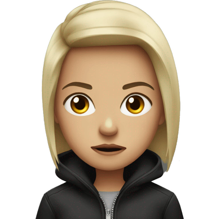 Angry girl in black jacket side gaze emoji