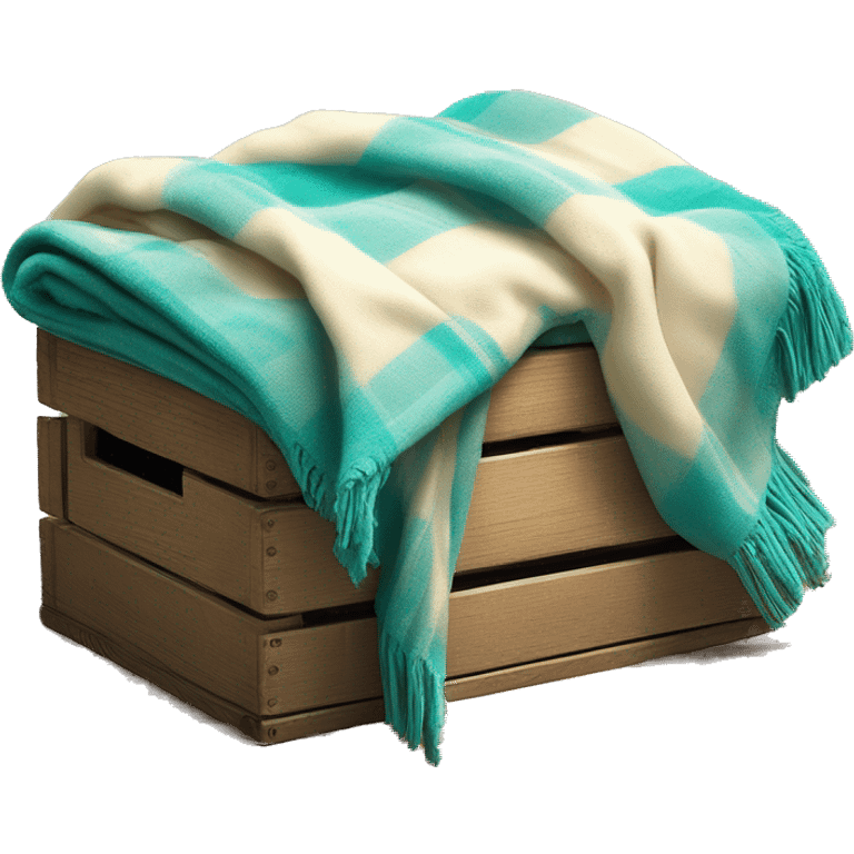 Realistic isolated teal and cream color plaid blanket draped across wooden crate box with matching book on top of blanket. emoji