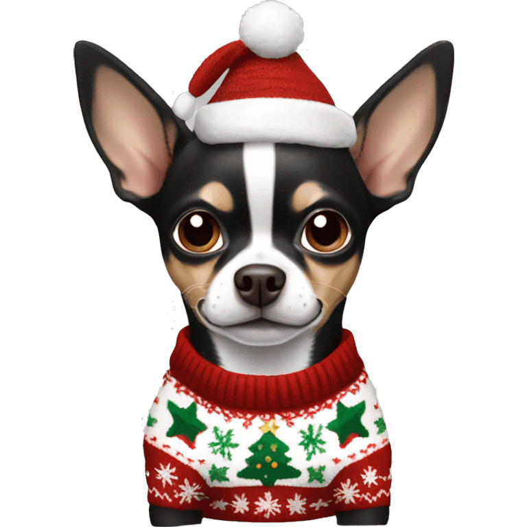 Black, white and brown chihuahua with Christmas sweater emoji