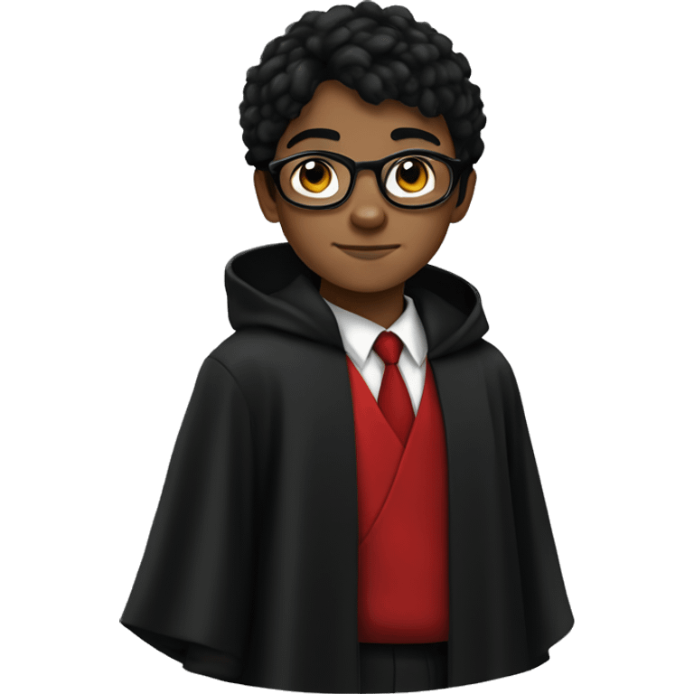 young boy with black hair, green eyes, round black glasses, dressed in black robes with a red tie emoji