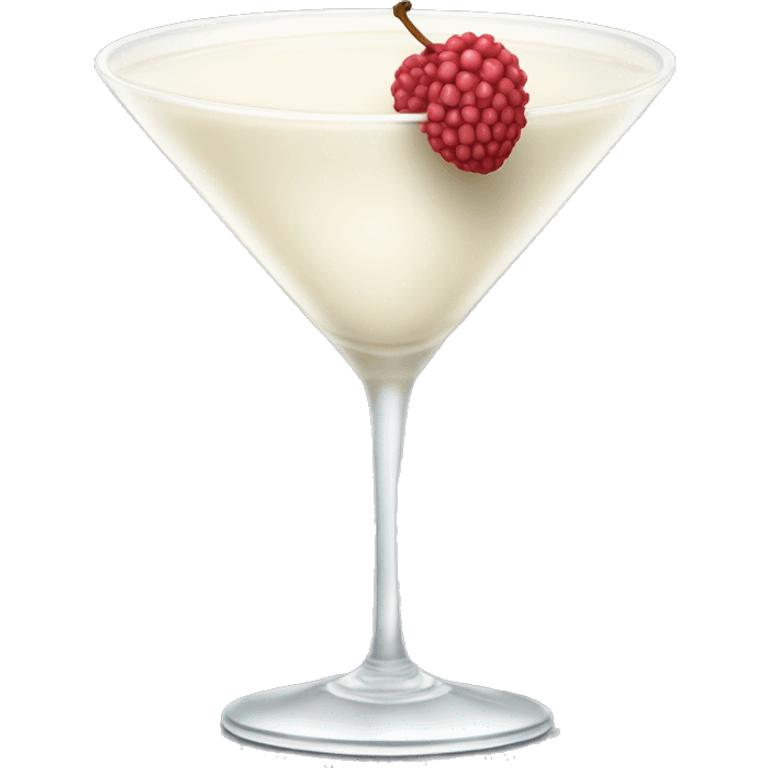 A creamy white colored liquid in a martini glass with a skinless lychee garnish  emoji