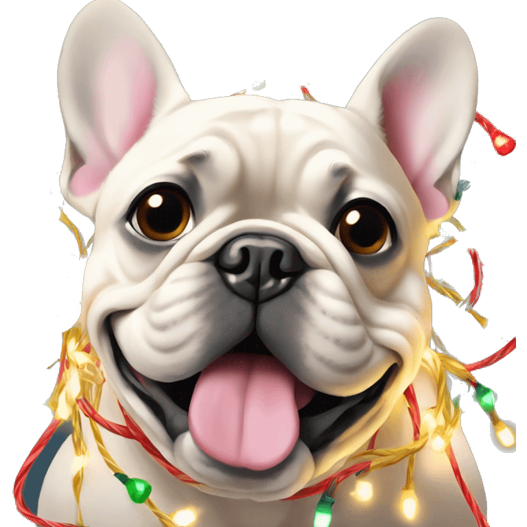 Frenchie tangled in Christmas lights emoji